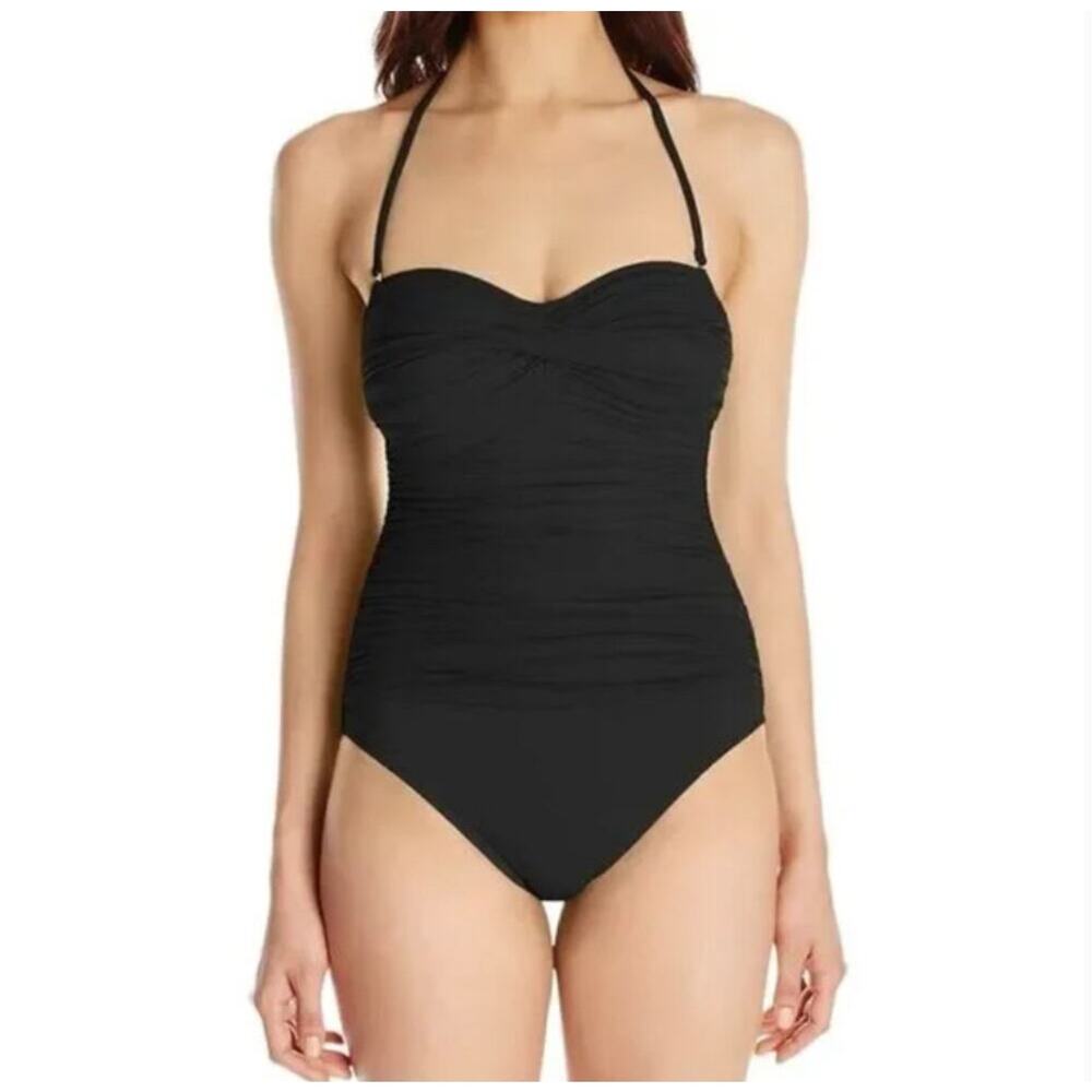 LA BLANCA Swimsuit SZ 14 One Piece Black NEW Twist Bandeau Halter/Strapless - Picture 3 of 16